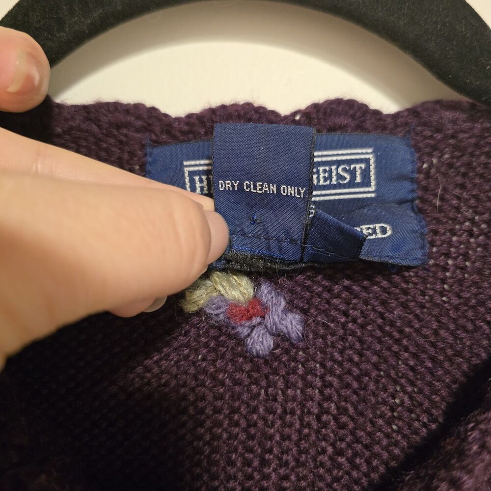 Herman Geist Cardigan Sweater Hand Embroidered 50% Wool Plum Floral Small Petite - Picture 8 of 12